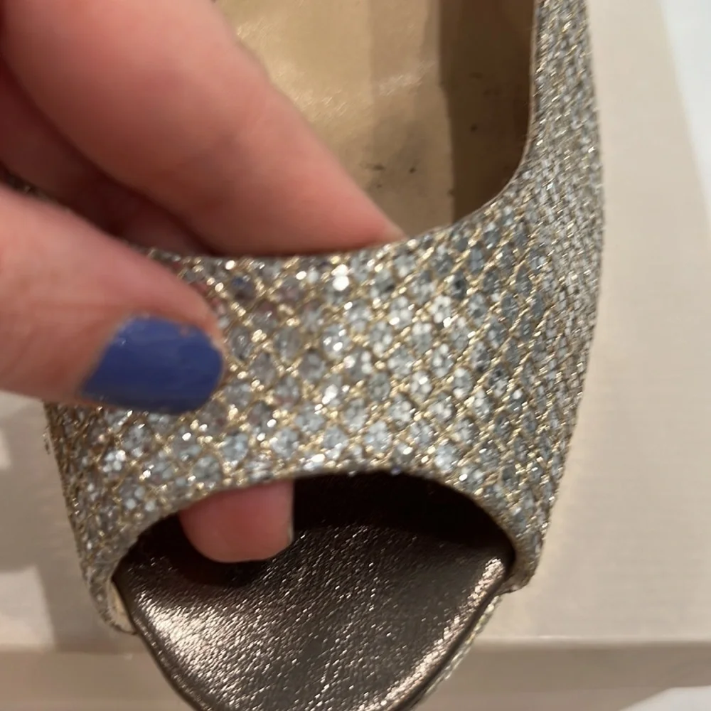Jimmy CHOO 247 Crown Glitter fabric champagne platform 5in heels size 39.5
